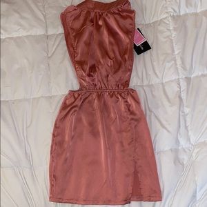 Rose Satin High Neck Side Boob Bodycon Dress